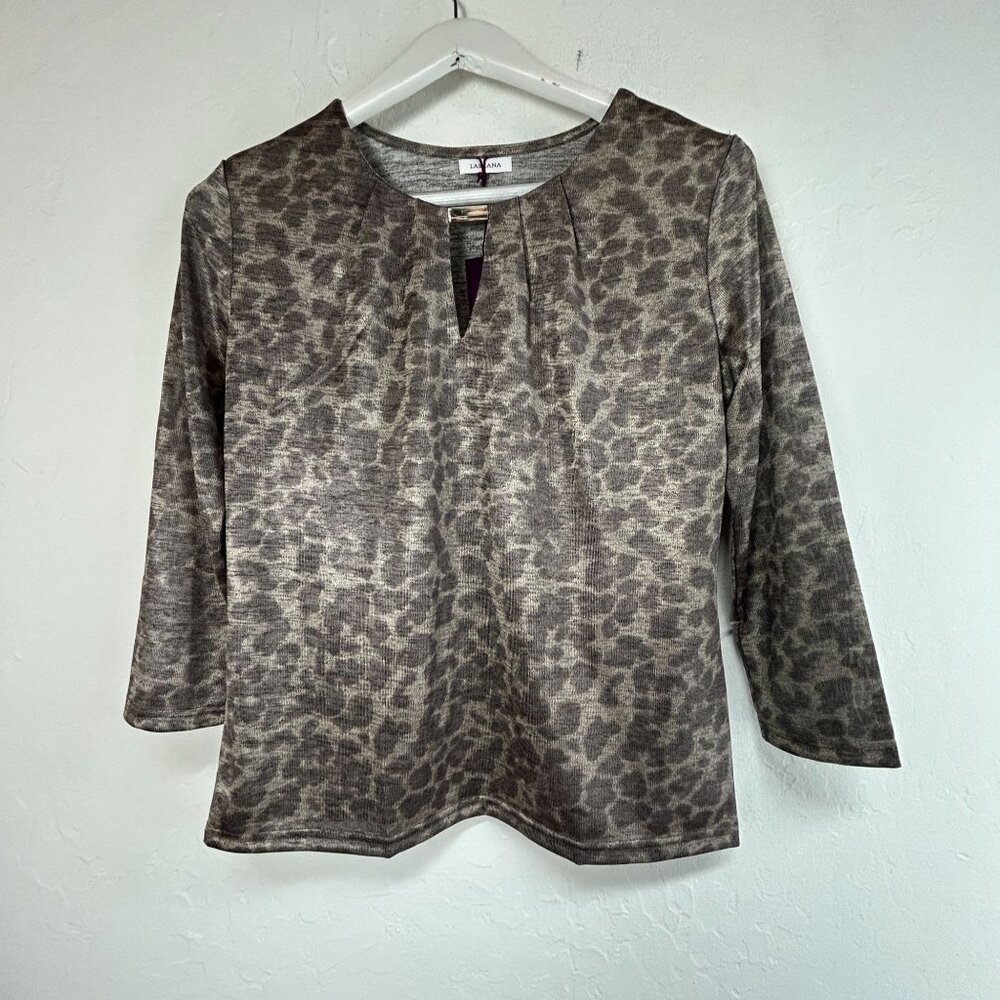 Lascana Womens Leopard 3/4 Sleeve Keyhole Blouse Top Size 4/6 Brown/Gray New